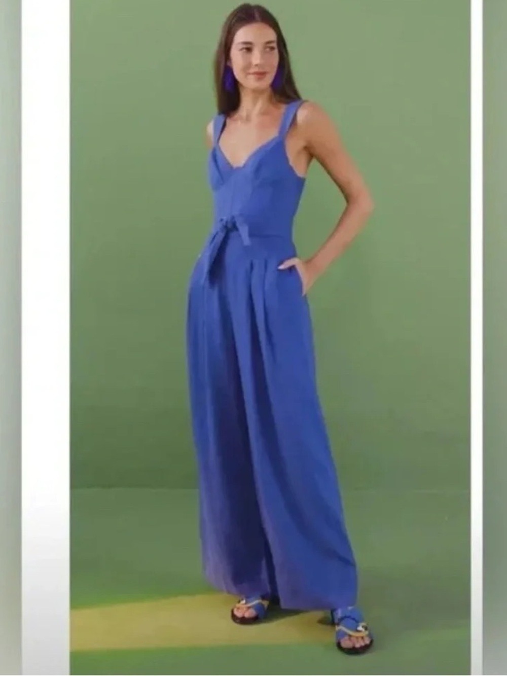 Farm Rio Blue Pleated Linen-Blend Jumpsuit Size XS